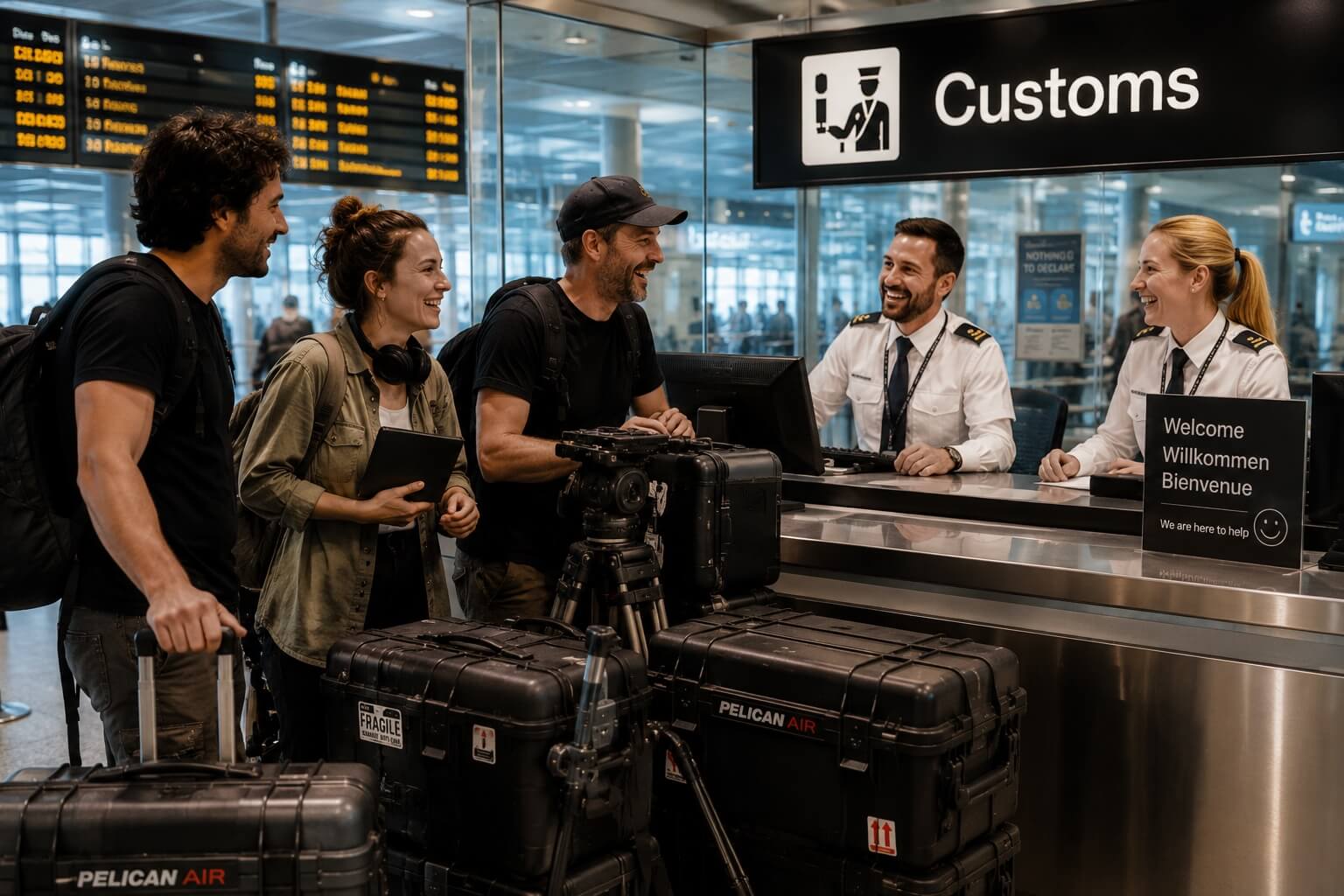A film crew greeted by customs officers at an airport desk