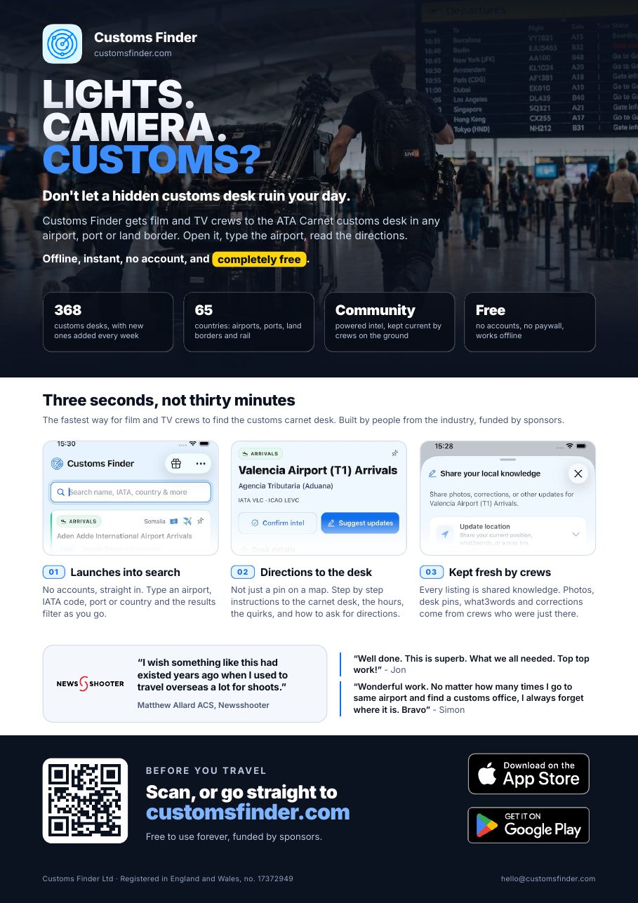 The Customs Finder handout: an A4 page explaining the app, with a QR code and store links