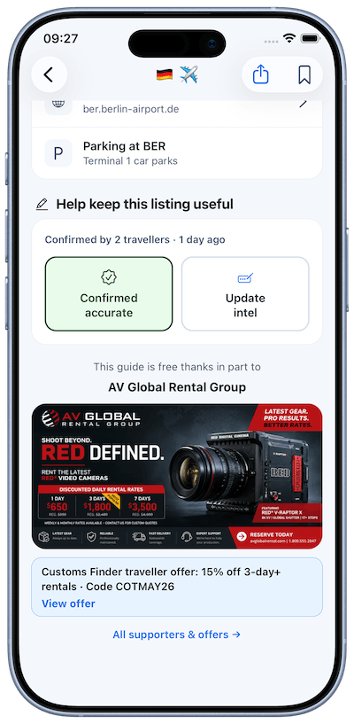 Global supporter banner on a Berlin Brandenburg Airport listing in the app