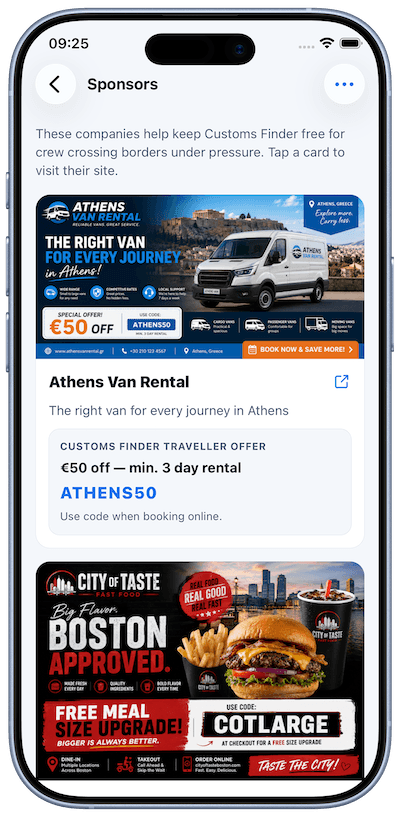 Supporters and offers screen listing sponsor cards in the app